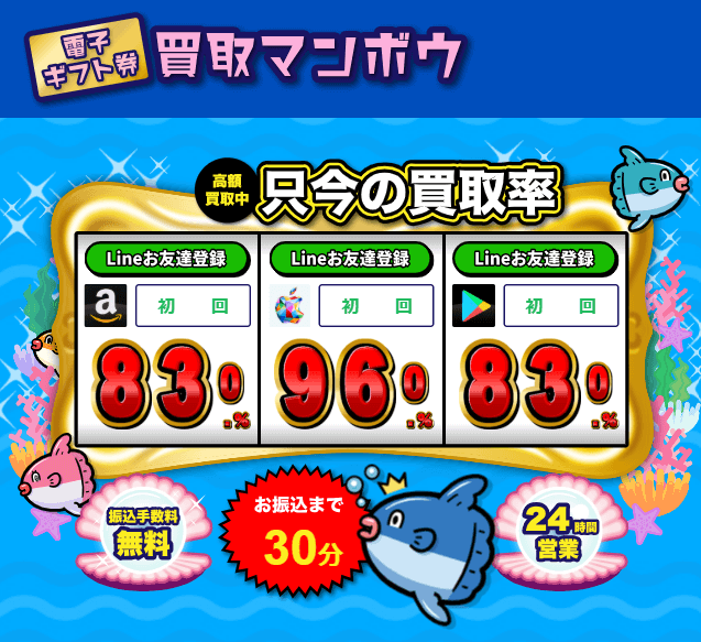 買取マンボウは過去にAppleギフトカードを96%で買取していた実績があります